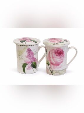 Kent Pottery Bone China Lidded Tea Mugs Set of 2 Pink Rose & Lilac Floral Cups